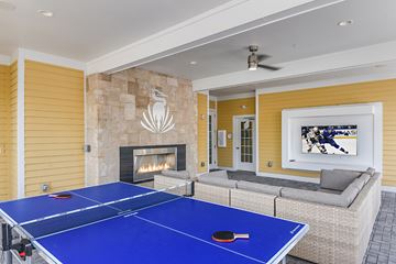 Bradenton apartment for rent - A blue ping pong table is in the middle of a living room with a fireplace and a painting on the wall.