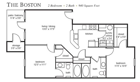 Floor plan for 2 beds, 2 baths, 940 sqft
