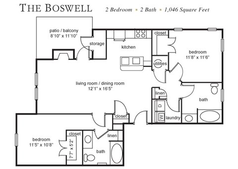 Floor plan for 2 beds, 2 baths, 1046 sqft