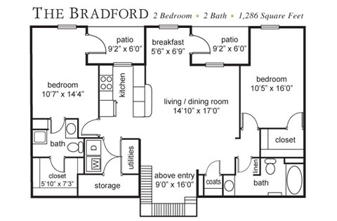 Floor plan for 2 beds, 2 baths, 1286 sqft