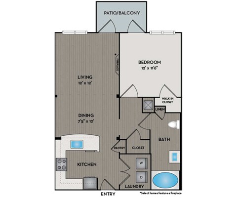 Floor plan for 1 bed, 1 bath, 752 sqft