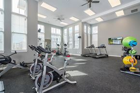 Wyoming apartment for rent - Dog-Friendly Apartments in Wyoming, MI - The Retreat - 24-Hour Fitness Center with Rubberized Flooring, High Ceiling, Recessed Lighting, Ceiling Fans, Mounted Speaker, Large Windows with Blinds, Stationary Bikes, Treadmills, Rowing Machine, and Elliptical Trainers, Mounted Flat Screen Monitor, Exercise Balls, and Yoga Mats.