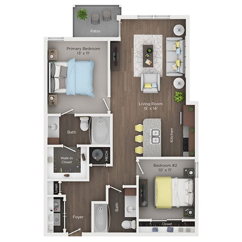 Floor plan for 2 beds, 2 baths, 998 sqft