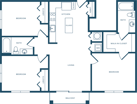 Floor plan for 3 beds, 2 baths, 1223 sqft