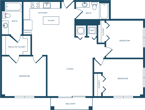Floor plan for 3 beds, 2 baths, 1233 sqft