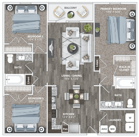 Floor plan for 3 beds, 2 baths, 1248 sqft