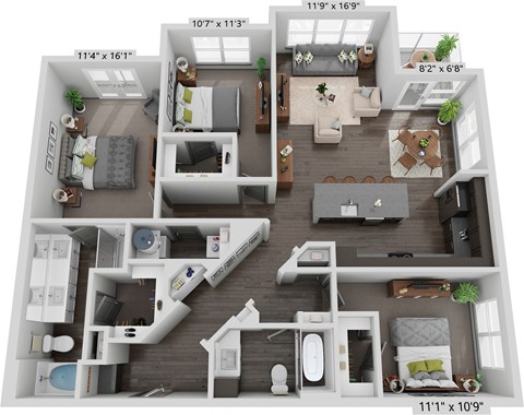 Floor plan for 3 beds, 2 baths, 1445 sqft
