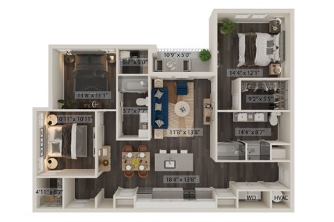 Floor plan for 3 beds, 2 baths, 1454 sqft