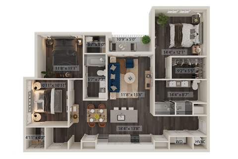 Floor plan for 3 beds, 2 baths, 1454 sqft