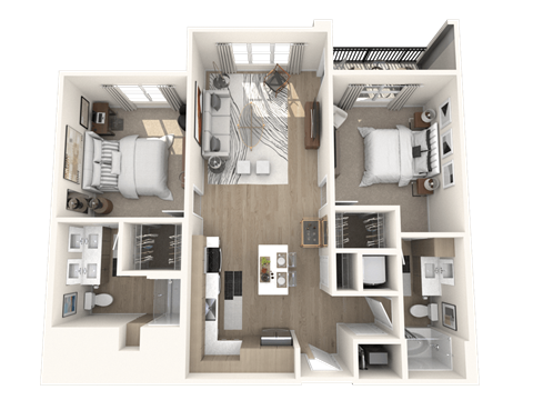 Floor plan for 2 beds, 2 baths, 1022 sqft