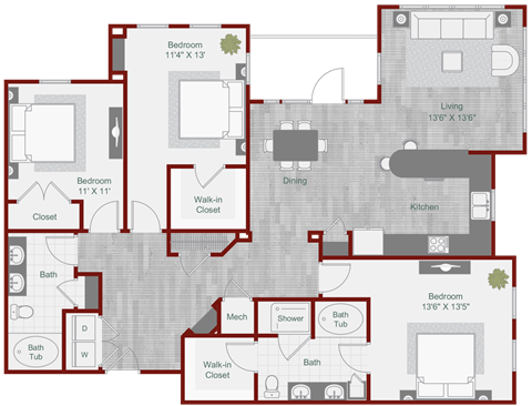 Floor plan for 3 beds, 2 baths, 1598 sqft
