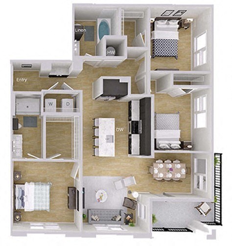 Floor plan for 3 beds, 2 baths, 1348 sqft