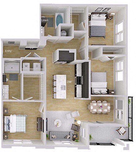 Floor plan for 3 beds, 2 baths, 1348 sqft