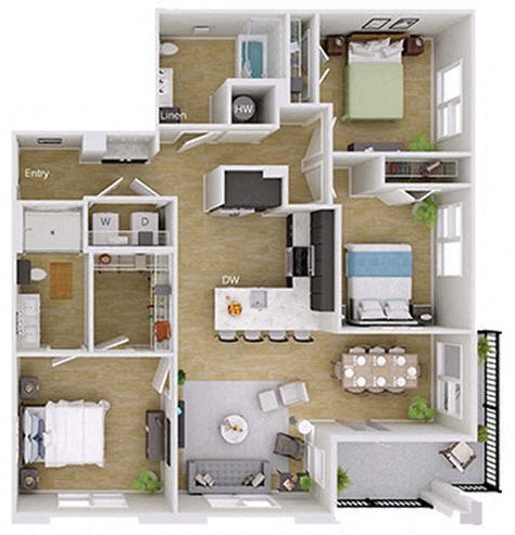 Floor plan for 3 beds, 2 baths, 1348 sqft