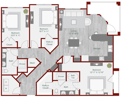 Floor plan for 3 beds, 2 baths, 1523 sqft
