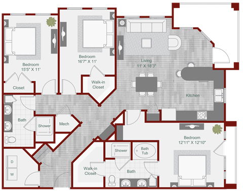 Floor plan for 3 beds, 2 baths, 1523 sqft