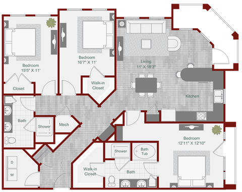 Floor plan for 3 beds, 2 baths, 1523 sqft