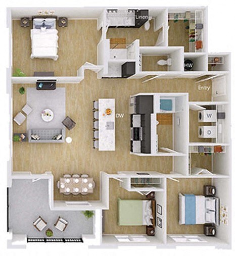 Floor plan for 3 beds, 2.5 baths, 1607 sqft