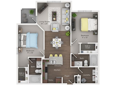 Floor plan for 2 beds, 2 baths, 1063 sqft