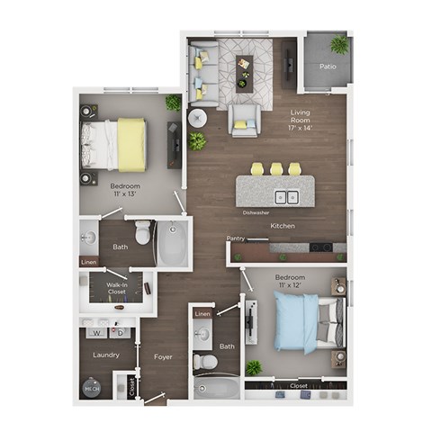 Floor plan for 2 beds, 2 baths, 1067 sqft