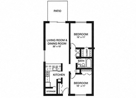 Floor plan for 2 beds, 1 bath, 835 sqft