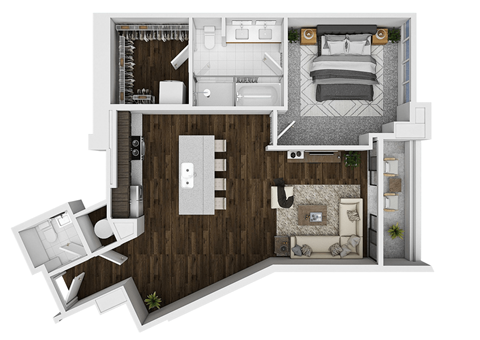 Floor plan for 1 bed, 1.5 baths, 936 sqft