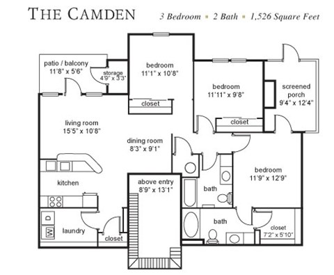 Floor plan for 3 beds, 2 baths, 1526 sqft