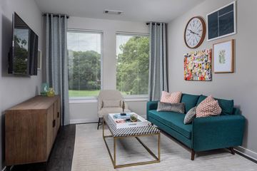 Atlanta apartment for rent - a living room with a green couch and a coffee table