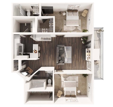 Floor plan for 2 beds, 2 baths, 1000 sqft