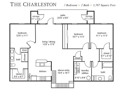 Floor plan for 3 beds, 2 baths, 1587 sqft