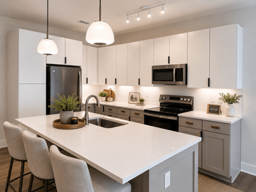 Mt. Juliet apartment for rent - A modern kitchen with a white countertop and grey cabinets.