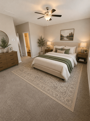 Mauldin townhouse for rent - A bedroom with a large bed, a ceiling fan, and a painting on the wall.