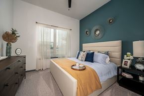 Apollo Beach apartment for rent - a bedroom with a bed and a blue wall and a window