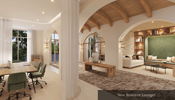 Sunrise apartment for rent - A modern residential lounge with a green sofa and a stone fireplace.
