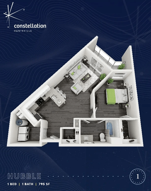 Floor plan for 1 bed, 1 bath, 767 sqft