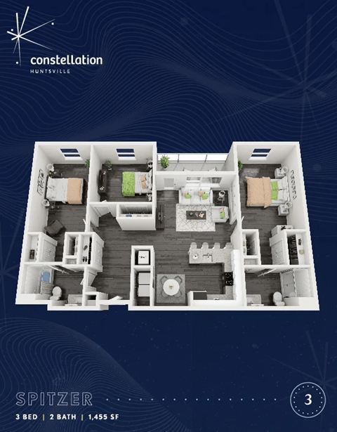 Floor plan for 3 beds, 2 baths, 1455 sqft