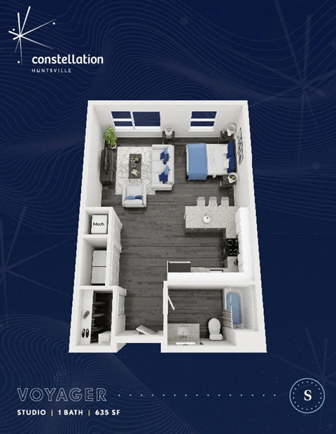 Floor plan for studio, 1 bath, 635 sqft