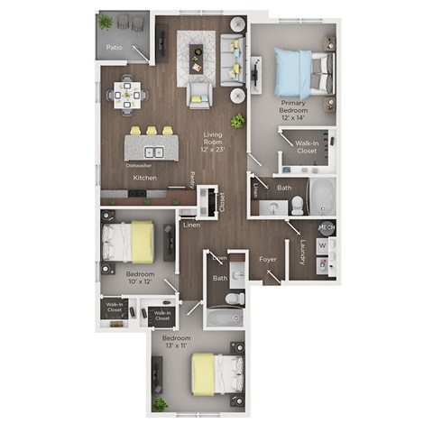Floor plan for 3 beds, 2 baths, 1300 sqft