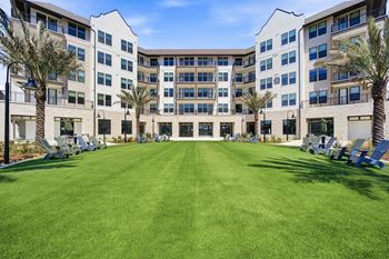 Landscaped courtyard with seating areas