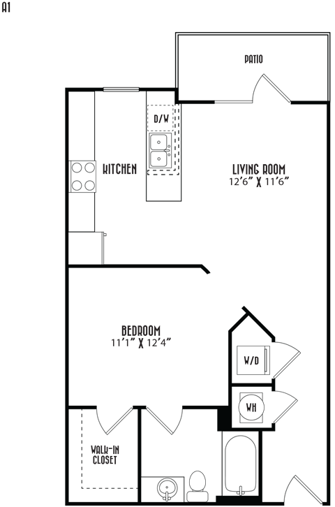 Floor plan for studio, 1 bath, 681 sqft