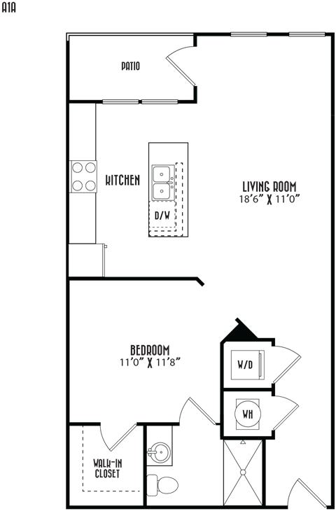 Floor plan for studio, 1 bath, 727 sqft