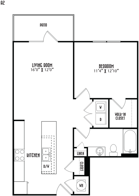 Floor plan for 1 bed, 1 bath, 755 sqft