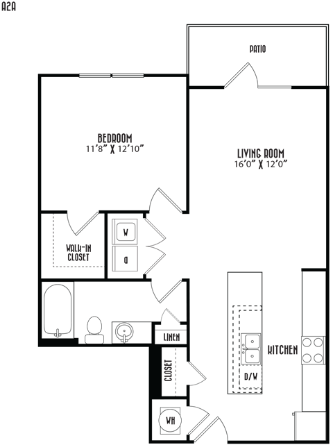 Floor plan for 1 bed, 1 bath, 763 sqft