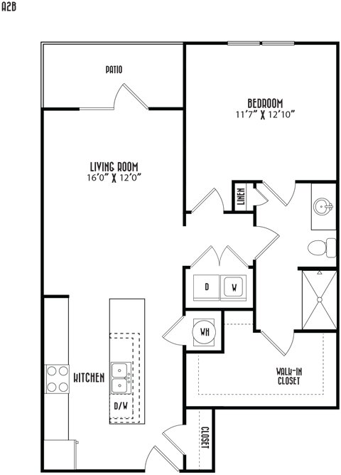 Floor plan for 1 bed, 1 bath, 847 sqft