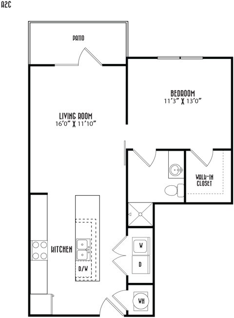 Floor plan for 1 bed, 1 bath, 707 sqft