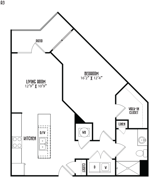 Floor plan for 1 bed, 1 bath, 779 sqft