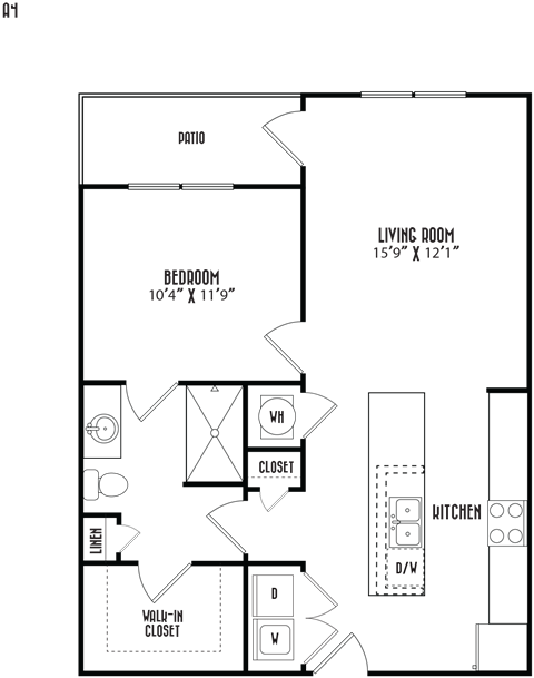 Floor plan for 1 bed, 1 bath, 739 sqft