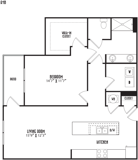 Floor plan for 1 bed, 1 bath, 938 sqft