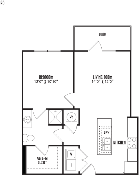Floor plan for 1 bed, 1 bath, 669 sqft