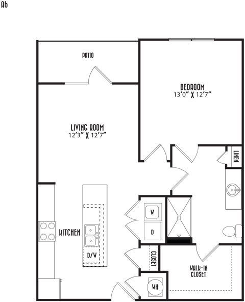 Floor plan for 1 bed, 1 bath, 806 sqft